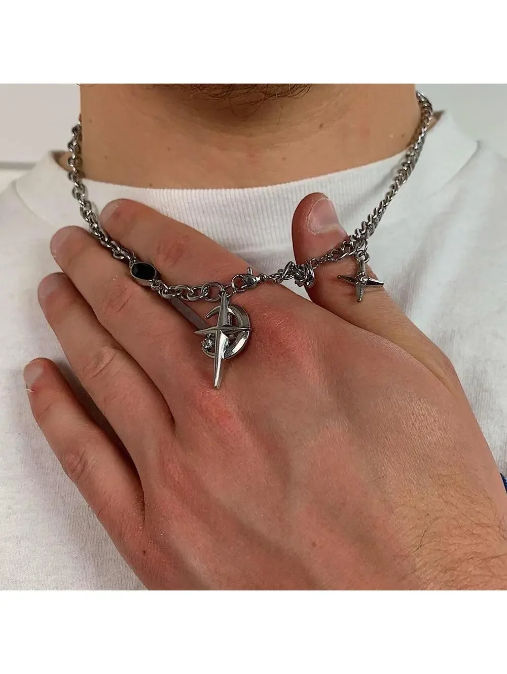 Y2k cyber 2000s style punk grunge crystal cross and opal pendant necklace chain.